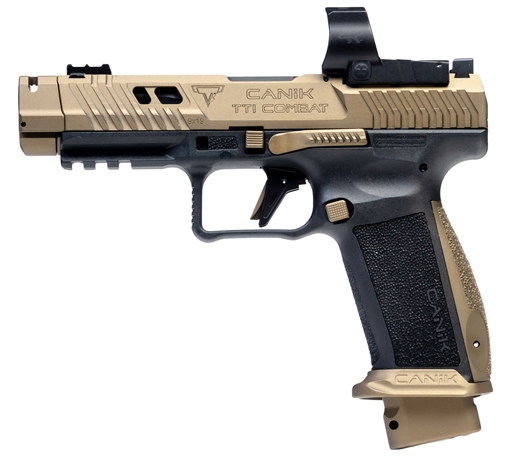 CANIK TTI Combat, Striker Fired, Semi-automatic, Polymer Framed Pistol, Full Size, 9MM, 4.6" Ported and Fluted Barrel, Canik Compensator, Matte Finish, TTI Bronze, Adjustable Rear Sight, Fiber Optic Front Sight, 18 Rounds, 2 Magazines, MeCanik MO3 Optic HG