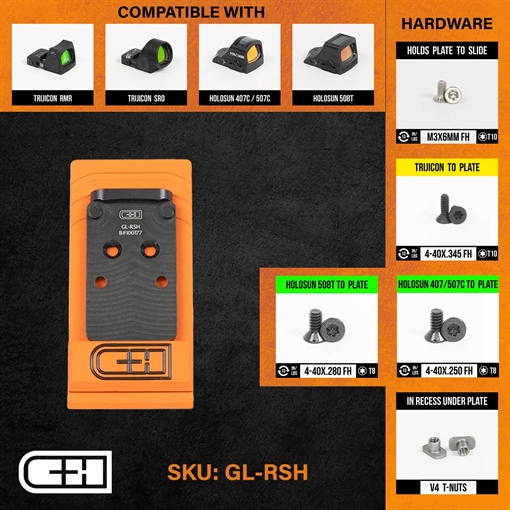 C&H Precision V4, Optic Mounting Plate, Fits Glock MOS (Not 43x or 48) to Trijicon RMR/SRO, Holosun 407C/507C/508T/507 Comp, C&H EDC-XL/COMP, Anodized Finish, Black, Includes Mounting Hardware GL-RSH GLRSH