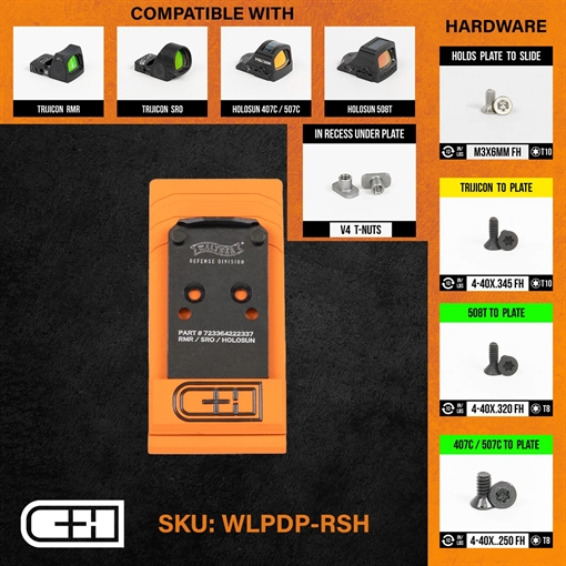 C&H Precision CHP Adapter Plate, Converts the Walther PDP 1.0/PPQ (Q4/Q5) to the Trijicon RMR/SRO, Holosun 407C/507C/508C/508T, C&H EDC-XL/COMP, Anodized Finish, Black, Includes Mounting Hardware WLPDP-RSH