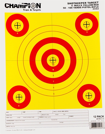 Champion Targets Shotkeeper 5-Bullseye 50-100 yds Pistol/Rifle Yellow/Red 12 PK 45562