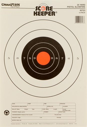 Champion Targets Score Keeper Slow Fire Bullseye Paper Hanging 25 yds Pistol 11" x 16" Black/Orange 12 PK 45723