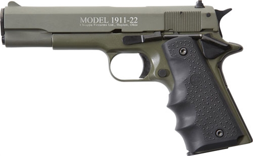 Chiappa Firearms 1911-22 22 LR 10+1 5" OD Green Serrated Steel Slide & Beavertail Frame, Black Hogue Rubber w/Finger Grooves Grip 401121