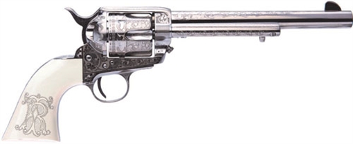 Cimarron Teddy Roosevelt Frontier 45 Colt (LC) 6 Shot 7.50" Nickel-Plated Engraved Barrel, Cylinder & Frame, White w/Laser Engraved "T.R." Grip PP415LNTRII