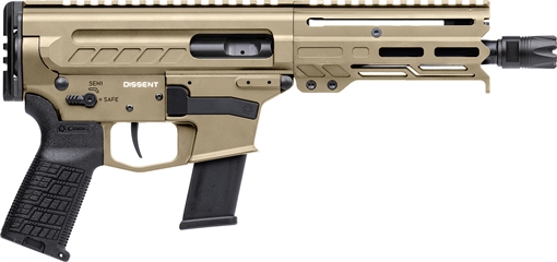 CMMG Dissent MKG 45 ACP 13+1 6.50" Black Nitride Medium Taper Threaded Barrel, CMMG 5.5" M-LOK Handguards, Coyote Tan Cerakote Aluminum Picatinny Rail Receiver, CMMG Zeroed Grips 45A4C0FCT