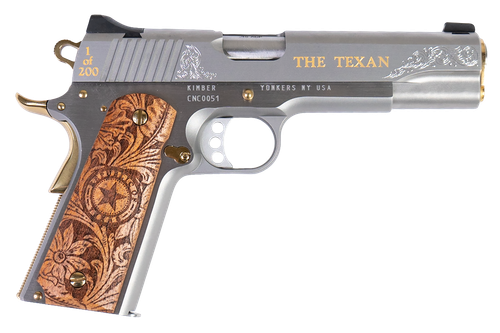 CNC Kimber 1911 Texan 45 ACP, 5" Barrel, Engraved Stainless Steel, Gold Accents, Texas Mesquite Grip, 7rd