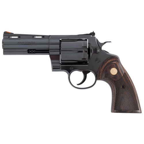 Colt Anaconda 44 Remington Magnum, 4.25" Barrel, Blued Polished Finish, Red Ramp Front/Adjustable Rear Sights, Target Walnut Medallion Grips, 6 Rounds