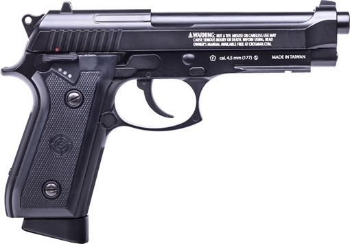Crosman Full Auto Air Pistol CO2 177 BB 20rd Smooth Bore Brass Barrel, Blow Back Action, Fixed Front/Notched Rear Sights, Full Metal Frame, Black Polymer Grips, Selector Safety PFAM9B