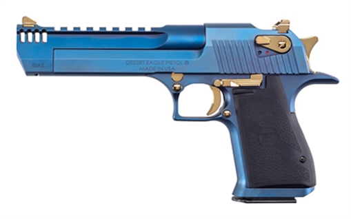 Magnum Research MK19 Desert Eagle, Semi-automatic Pistol, 50 Action Express, 6" Barrel, Integrated Muzzle Brake, Cerakote Finish, Carbo Blue, Rubber Grips, Gold Combat Sights, 7 Rounds, 1 Magazine DE50CBG