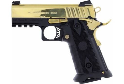 Girsan WITNESS 2311 Golden Brat, 1911, Semi-automatic, Metal Frame Pistol, Officer Size, 9MM, 3.4" Barrel, Steel, Black Frame and Grip with Golden Slide Barrel and Small Parts, 3-Dot Sights, Ambidextrous Safety, 17 Rounds, 1 Magazine 395088