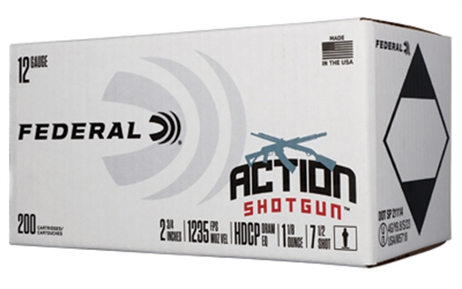 Federal Action Shotgun, 12 Gauge, 2.75" Chamber, #7.5 Shot, 1 1/8oz, Lead Shot, 200 Round Box AS12H 7.5