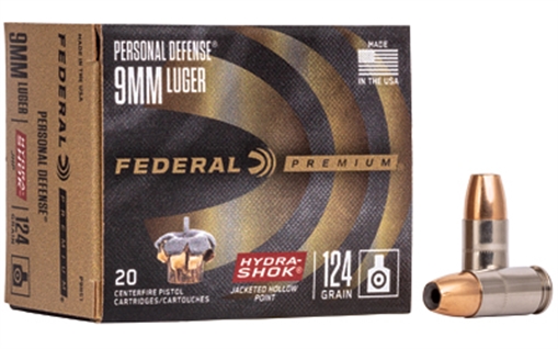Federal Premium Personal Defense 9mmLuger 124gr Hydra-Shok Jacketed Hollow Point 20 Per Box/25 Case P9HS1