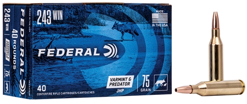 Federal American Eagle Varmint & Predator 243Win 75gr Jacketed Hollow Point 40 Per Box/5 Case AE24375VP