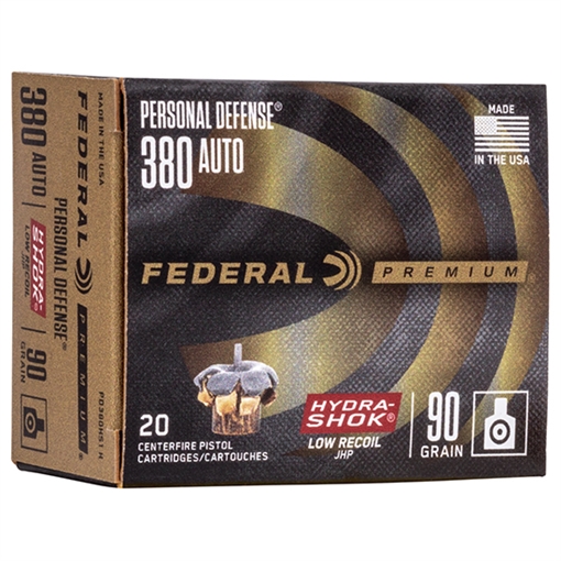 Federal Premium Personal Defense Low Recoil 380ACP 90gr Hydra-Shok Jacketed Hollow Point 20 Per Box/10 Case PD380HS1 H
