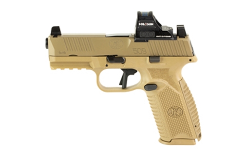 FN America 509 MRD, Striker Fired, Semi-automatic, Polymer Frame Pistol, Mid-Size, 9MM, 4" Barrel, Matte Finish, Flat Dark Earth, Inlcudes Holosun 407C Red Dot Sight, Non-Manual Safety, Optic Height Sights, 17 Rounds, 2 Magazines 66-101925 66101925