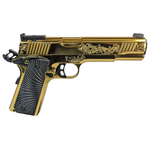 Girsan 1911 Deluxe 45 ACP, 5" Barrel, Engraved Gold Frame, Black G10 Grip, 8rd