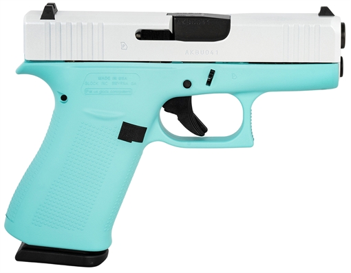 Glock G43X Sub-Compact Frame 9mm Luger 10+1 3.41" Black GMB Barrel, Pearl White Cerakote Serrated Steel Slide, Robin Egg Blue Cerakote Polymer Frame w/Beavertail, Ambidextrous UX4350204REBFPWS
