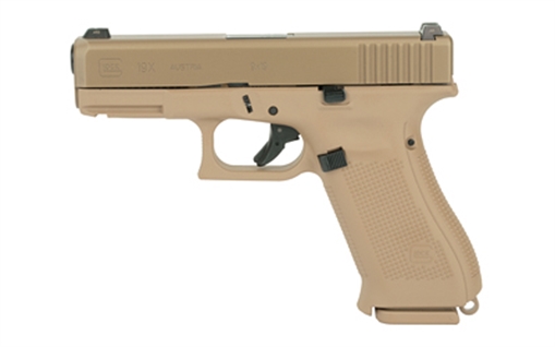 GLOCK 19X, Rebuilt, Striker Fired, Semi-automatic, Polymer Frame Pistol, Full Size, 9MM, 4.02" Marksman Barrel, Glock Night Sights, Coyote, Ambidextrous Slide Stop Lever, No Finger Grooves, May or May Not Come With Night Sights, 17 Rounds, 2 Magazines PR19
