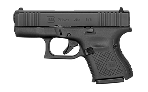 GLOCK 26 Gen 5, Striker Fired, Semi-automatic, Polymer Frame Pistol, Sub-Compact, 9MM, 3.43" Barrel, nDLC Finish, Black, Fixed Sights, 10 Rounds, 2 Magazines, Right Hand G265FSUS