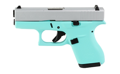 GLOCK 42, Striker Fired, Semi-automatic, Polymer Frame Pistol, Sub-Compact, 380 ACP, 3.25" Barrel, Cerakote Finish, Robin's Egg Blue With Crushed Silver Slide, 6 Rounds, 2 Magazines UI4250204-REBCS