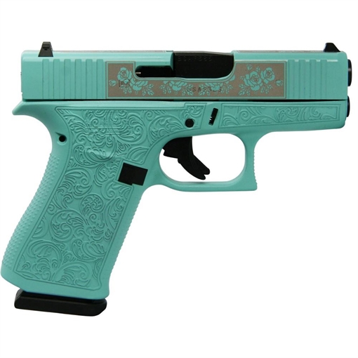 Glock 43x Custom "Robin's Egg Blue Glock & Roses" Subcompact Handgun 9mm Luger 10/rd Magazines (2) 3.41" Engraved Barrel USA UX4350201 MODGRP
