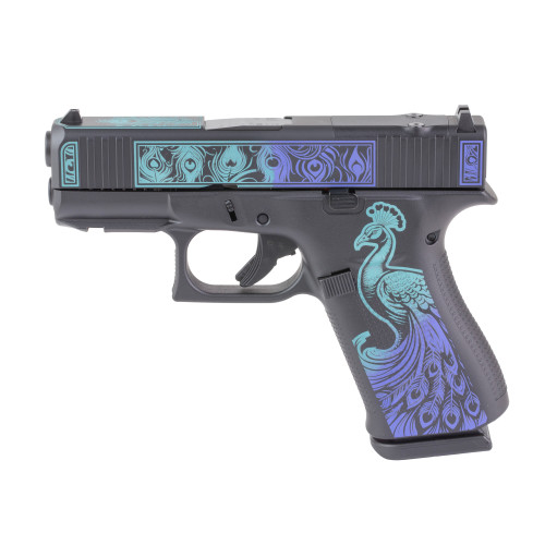 GLOCK 43X M.O.S. Sub-Compact, 9MM, 3.41" Barrel, Custom Peacock Cerakote Finish by Shark Coast Tactical, Black, Blue and Teal, Fixed Sights, 10 Rounds, 2 Mags