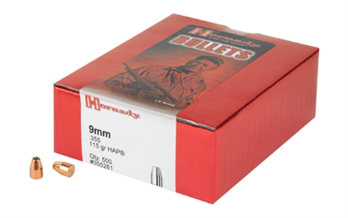 Hornady HAP 9MM CALIBER (0.355'') 115GR JACKETED HOLLOW POINT 500/BOX 355281