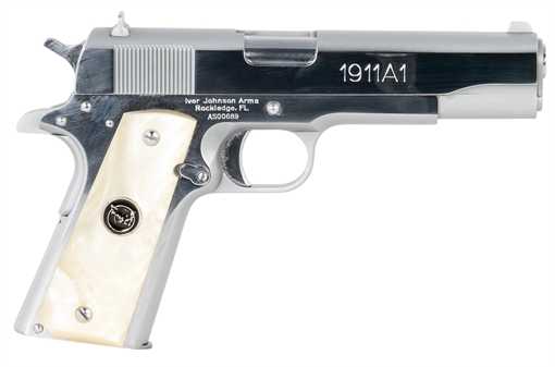 Iver Johnson Arms 38 Super 8+1 5" Stainless Steel Barrel, Bright Polish Chrome Serrated Stainless Steel Slide, Pearl Grips 1911A138CHRWP
