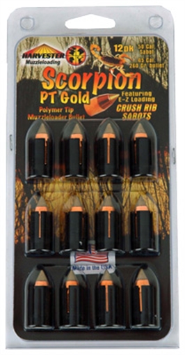 Harvester Muzzleloading Scorpion PT Gold Premium Polymer Tip Muzzleloader Bullets 50 Cal. Sabot 260 gr .451" Polymer Tip Bullet 12/pk H14026