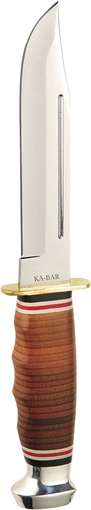 Ka-Bar Marine Hunter 5.88" Fixed Clip Point Plain Polished 4116 SS Blade, Stacked w/Finger Grooves Leather Handle, Includes Sheath 1235