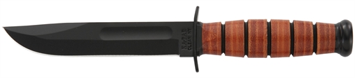 Ka-Bar Short USMC 5.25" Fixed Clip Point Plain Black 1095 Cro-Van Blade, Brown Leather Handle, Includes Sheath 1250