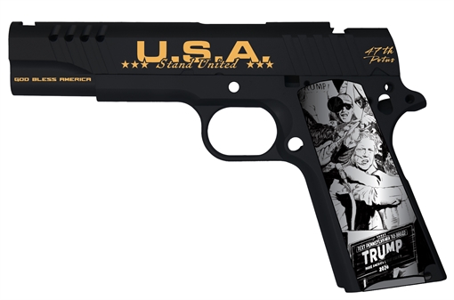 Auto Ordnance 1911, Trump Fight, Semi-automatic, Metal Frame Pistol, Full Size, 45ACP, 5" Barrel, Cerakote Finish, Black, Trump Fight Graphics, Aluminum Grips, 3-Dot Sights, 7 Rounds, 1 Magazine 1911TCAC18