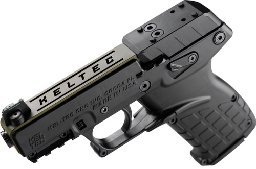 Kel-Tec P17 Sports South Exclusive 22 LR 16rd,3.80" Black Threaded Barrel, Exclusive Olive Drab Green Optic Ready/Serrated Slide, Black Polymer Frame Picatinny Rail, Black Polymer Grip