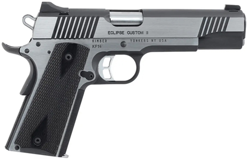 Kimber America Eclipse Custom II Cali, 1911, Semi-automatic, Metal Frame Pistol, Full Size, 10MM, 5" Barrel, Carbon Steel Match Grade Barrel, Stainless Steel, Brushed Finish, Silver, Laminate Gray/Black Grips, Tritium Night Sights, Manual Safety, 8 Rounds,