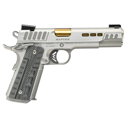 Kimber Rapide Dawn 45 ACP, 5" Gold Barrel, Silver, Black/Gray G10 Grip, 8rd