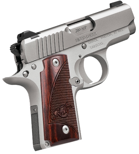 Kimber America Micro 380, Single Action, Semi-automatic, Metal Frame Pistol, Sub-Compact, 380 ACP, 2.75" Barrel, Stainless Steel Match Grade Barrel, Aluminum, Satin Finish, Silver, Rosewood Grips, Tritium Night Sights, Manual Safety, 7 Rounds, Right Hand 3