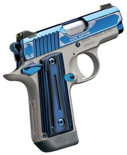 Kimber Mfg.,inc Micro Sapphire NS 380 ACP 7+1 2.75" Polished Bright Blue PVD Coating Cut Scroll Engraving and Border Stainless Steel Thin blue/black ball-milled G-10 Grip 3300090