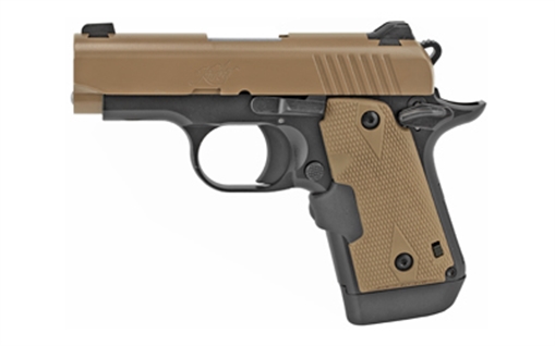 Kimber America Micro 9 Desert Tan, Single Action, Semi-automatic, Metal Frame Pistol, Sub-Compact, 9MM, 3.15" Barrel, Stainless Steel Match Grade Barrel, Aluminum, KimPro Finish, Black and Desert Tan, Crimson Trace Laser Grips, White Dot Sights, Manual Saf