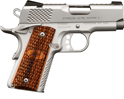 Kimber America STAINLESS ULTRA RAPTOR II, 1911, Semi-automatic, Compact, 45 ACP, 3" Barrel, Matte Finish, Silver, Wood Grips, Night Sights, 7 Rounds 3200375