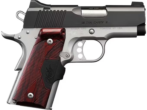 Kimber America Ultra Carry II Two-Tone, 1911, Semi-automatic, Compact, 45 ACP, 3" Barrel, Matte Finish, Silver Frame, Black Slide, Crimson Trace Laser Grips, Black Sights, 7 Rounds 3200391