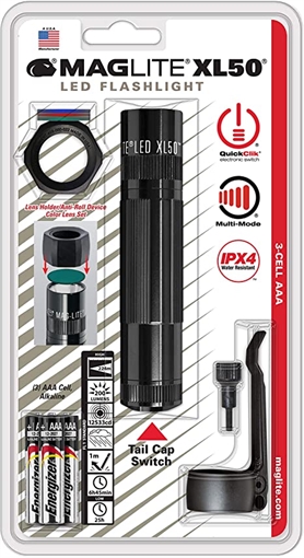 MAG-LITE FLASHLIGHT XL50 3 C3ELL AAA LED LENS HOLDER COL LENS SET PKT CLIP 3 ALK BATTERIES XL50-S301C