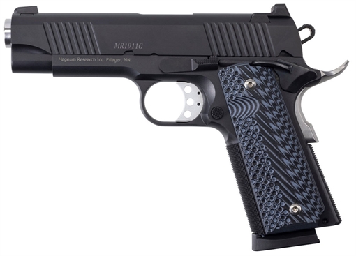 Magnum Research 1911 C 45 ACP Caliber with 4.33" Bull Barrel, 8+1 Capacity, Overall Matte Black Finish Carbon Steel, Beavertail Frame, Serrated Slide & Black/Gray G10 Grip DE1911C