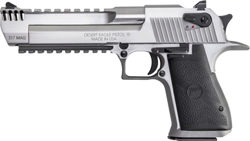 Magnum Research Desert Eagle, MK19, Single Action, Semi-automatic, Metal Frame Pistol, Full Size, 357 Magnum, 6" Barrel, Stainless Steel, Silver, Plastic Grips, Fixed Sights, Ambidextrous Thumb Safety, 9 Rounds, 1 Magazine, Integral Muzzle Brake, Ambidextr