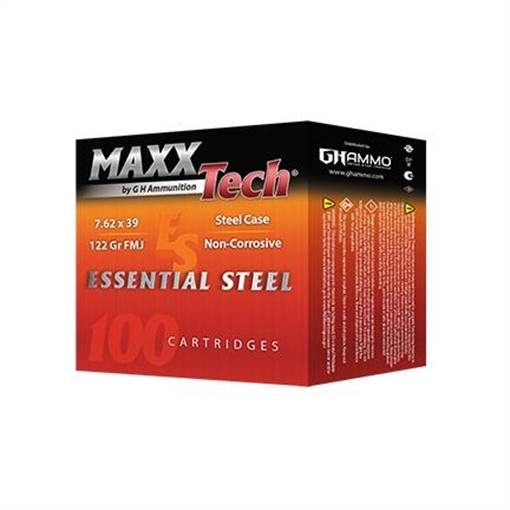 Maxxtech Essential Steel Case Rifle Ammunition 7.62x39 122gr FMJ 2396 fps 1000/ct (25-40rd boxes) ES076240C