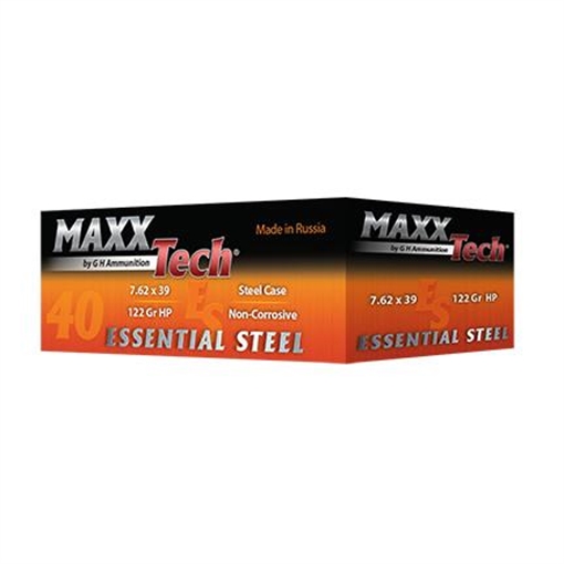 Maxxtech Essential Steel Case Rifle Ammunition 7.62x39mm 122 gr HP 2396 fps 1000/ct Case (25-40rd Boxes) ES076212C