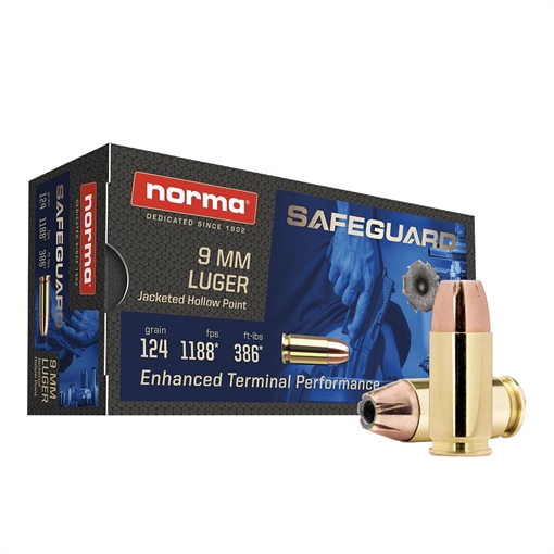 Norma Safeguard Handgun Ammunition 9mm Luger 124gr JHP 1188 fps 50/ct 801907288