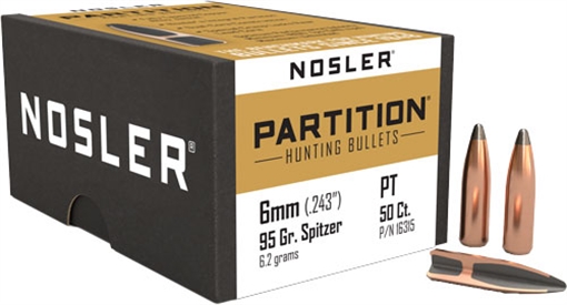 Nosler Nosler Partition Bullets 6mm 95 gr. Spitzer Point 50 pk. 16315