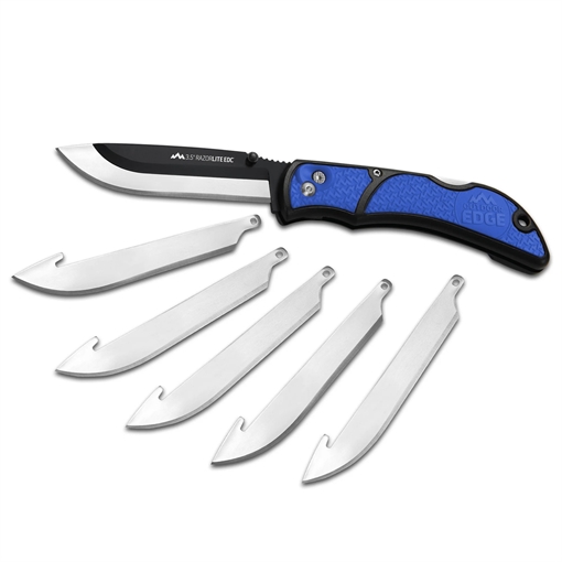 Outdoor Edge Razor EDC Lite, Folding Knife, Plain Edge, 3.5" Blades, 420J2 Stainless Steel, Blue and Black Handle, Includes (6) Drop Point Blades RLU-40C