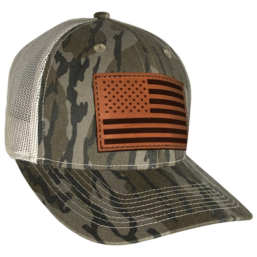 Outdoor Cap Bottomland Trucker w/ USA Flag Leather Patch USA771CAMO