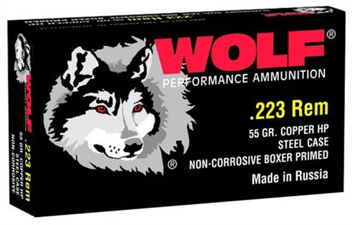 WOLF AMO 223 REM 55GR HP STEEL CASE 20-RD BOX (25 BOXES PER CASE) 22355HP