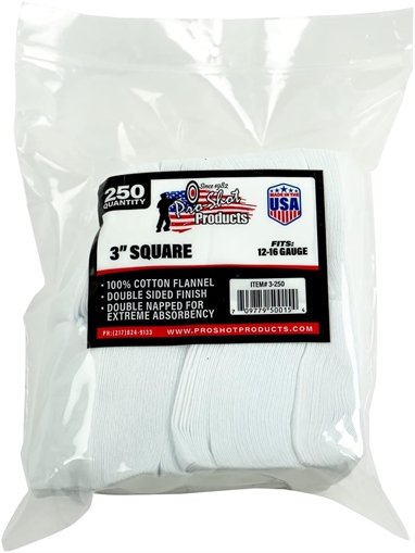 Pro-Shot Cleaning Patches 12-16 Gauge 3" Square Cotton Flannel 250 Pack 3250